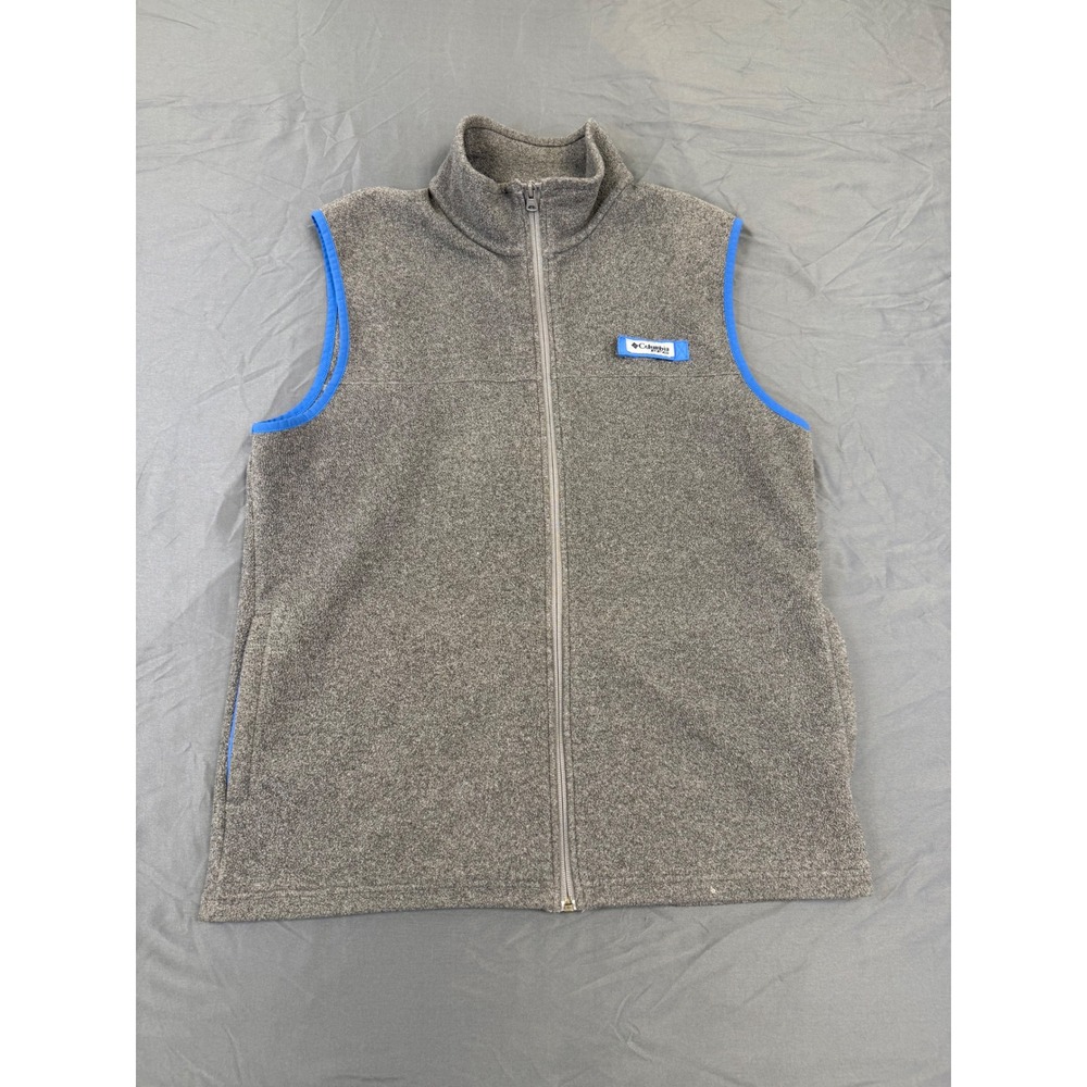 Columbia PFG Mens Gray Fleece Full Zip Vest FM1005 Blue Trim Medium Fishing